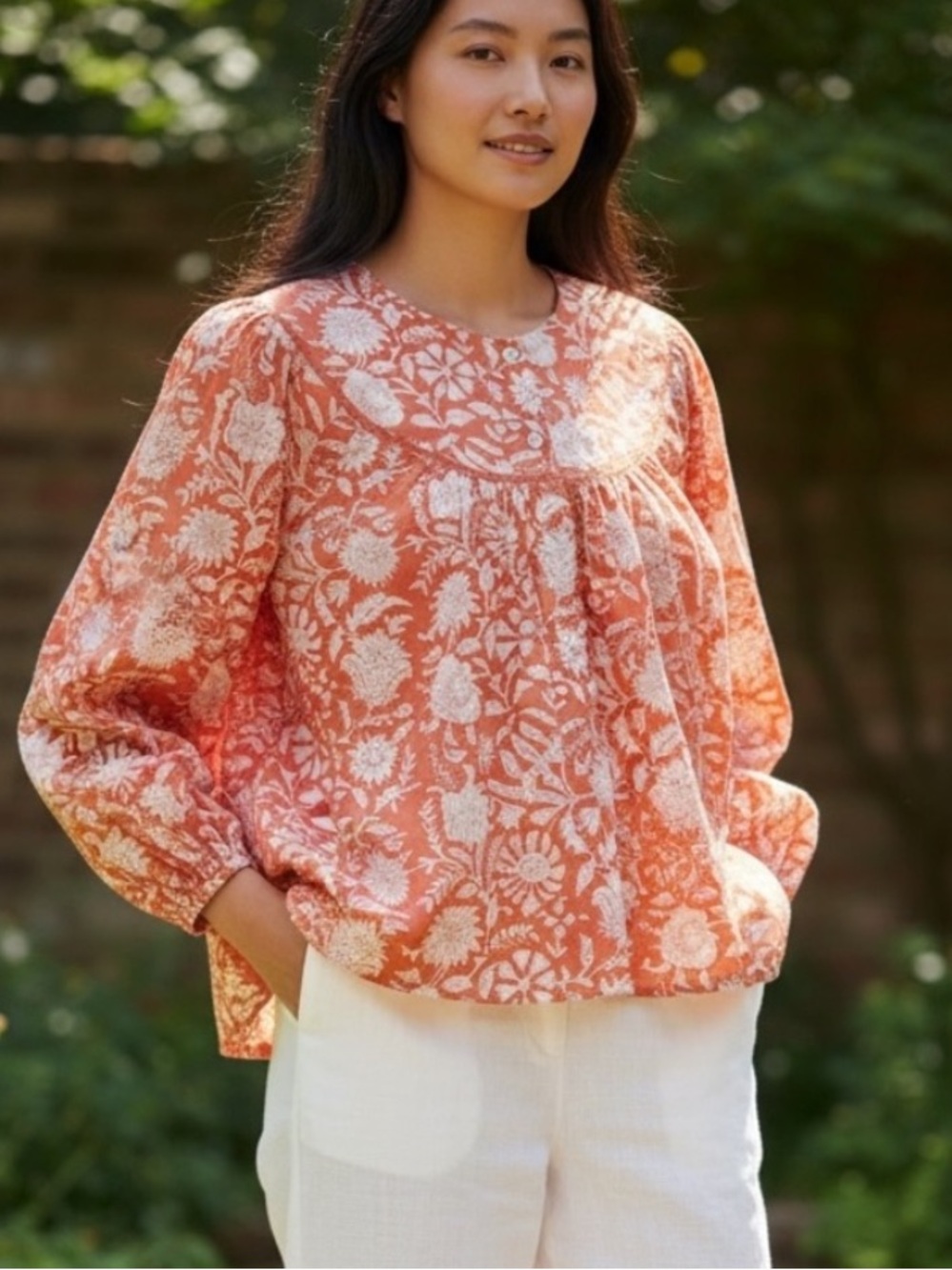 MAREA by Liz Joy Coral Floral Cotton Embroidered Peasant Blouse XS